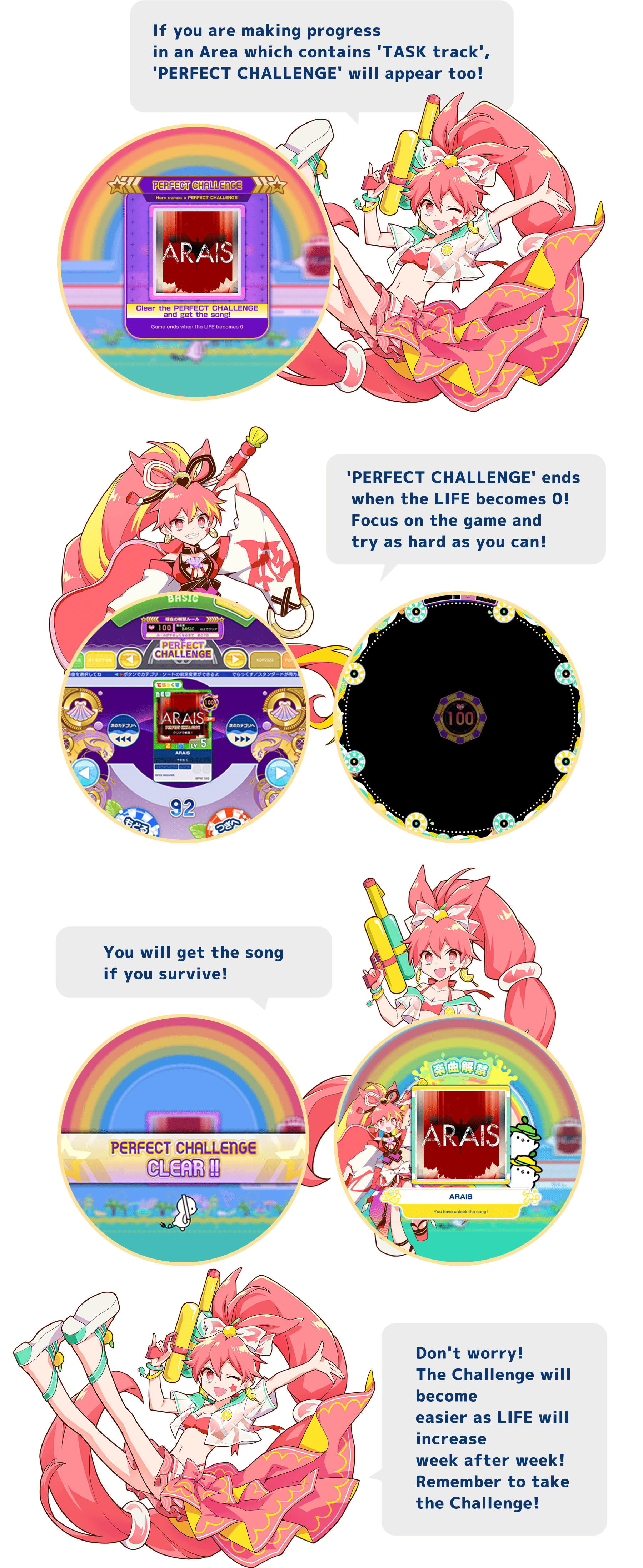 
          If you are making progress
          in an Area which contains 'TASK track',
          'PERFECT CHALLENGE' will appear too!
          'PERFECT CHALLENGE' ends
          when the LIFE becomes 0!
          Focus on the game and
          try as hard as you can!
          You will get the song
          if you survive!
          Don't worry!
          The Challenge will become
          easier as LIFE will increase
          week after week!
          Remember to take
          the Challenge!
          